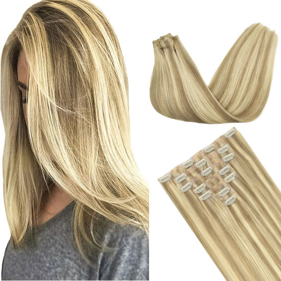 Picture of GOO GOO Clip in Hair Extensions Real Human Hair, 22inch 150g 7Pcs, 16/22 Light Blonde Highlighted Golden Blonde, Remy Human Hair Extensions Clip ins for Women, Natural Human Hair