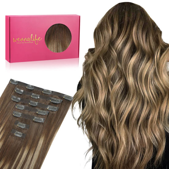 Picture of WENNALIFE Seamless Clip In Hair Extensions Human Hair, 24 Inch 160g 7pcs Balayage Chocolate Brown to Honey Blonde Hair Extensions Clip In Invisible PU Skin Weft Real Human Hair Extensions Clip In