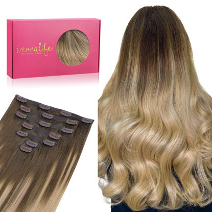 Picture of WENNALIFE Seamless Clip In Hair Extensions Human Hair, 24 Inch 160g 7pcs Balayage Chocolate Brown to Dirty Blonde Real Hair Extensions Clip in Human Hair Invisible PU Skin Weft Natural Remy Human Hair