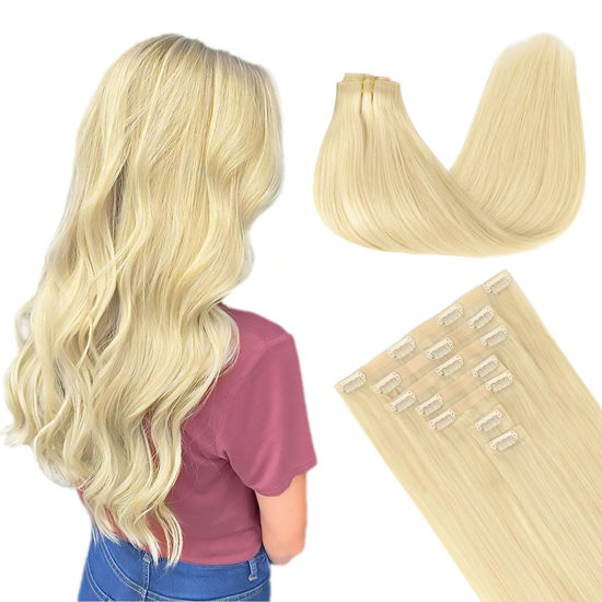 Picture of GOO GOO Seamless Clip in Hair Extensions, 100% Real Human Hair Extensions with Invisible PU Skin Weft, 22inch 150g 7pcs Natural Silky Straight Hair Extensions, Long Hair for Women, Bleach Blonde#613