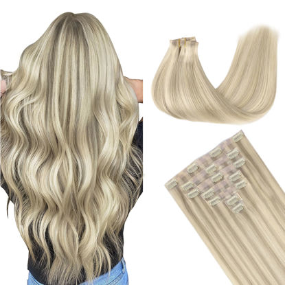 Picture of GOO GOO Clip in Hair Extensions Real Human Hair, Remy Human Hair Extensions Clip ins for Women, Natural Human Hair, 24inch 160g 7Pcs, 17A/60A Ash Blonde Highlighted Platinum Blonde