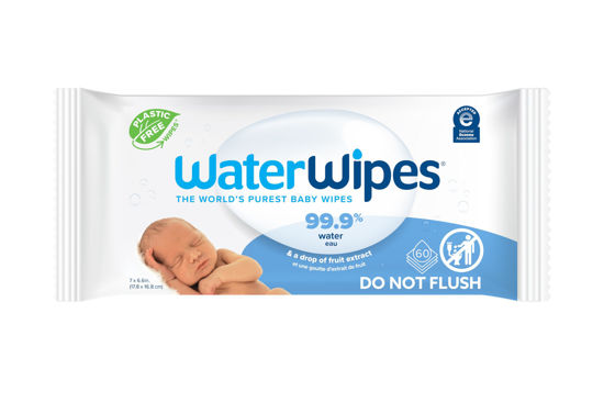 Picture of WaterWipes Plastic-Free Original 99.9% Water Based Wipes, Unscented & Hypoallergenic for Sensitive Skin, 60 Count (1 pack)