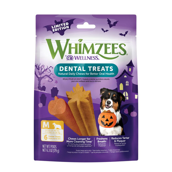 Picture of Whimzees by Wellness Halloween Natural Dental Chews for Dogs, Long Lasting Treats, Grain-Free, Freshens Breath, Medium Breed, 6 Count