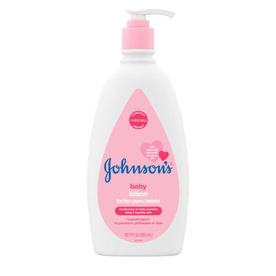 Picture of Johnson's Moisturizing Mild Pink Baby Lotion with Coconut Oil for Delicate Baby Skin, Paraben-, Phthalate-& Dye-Free, Hypoallergenic & Dermatologist-Tested, Baby Skin Care, 18.7 fl. oz