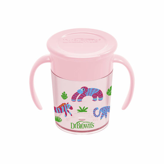 Picture of Dr. Brown's Milestones Cheers 360 Cup Spoutless Transition Cup with Handles for Easy Grip and Leak-Free Learning, Pink Safari, 7 oz/200 mL