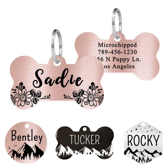 Picture of Ultra Joys Stainless Steel Pet ID Tag Dog Name Tags Personalized Front and Back Engraving, Customized Dog Tags and Cat Tags, Optional Engraved on Both Sides, Bone Tag Floral Design, Rose Large