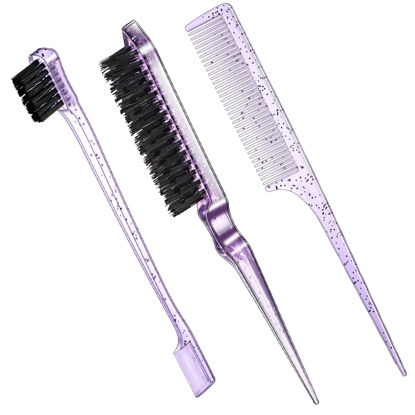 Picture of Geiserailie 3 Pcs Slick Back Hair Brush Set Bristle Hair Brush Edge Control Brush Teasing Comb for Women Baby Kids' Black Hair(Clear Purple)