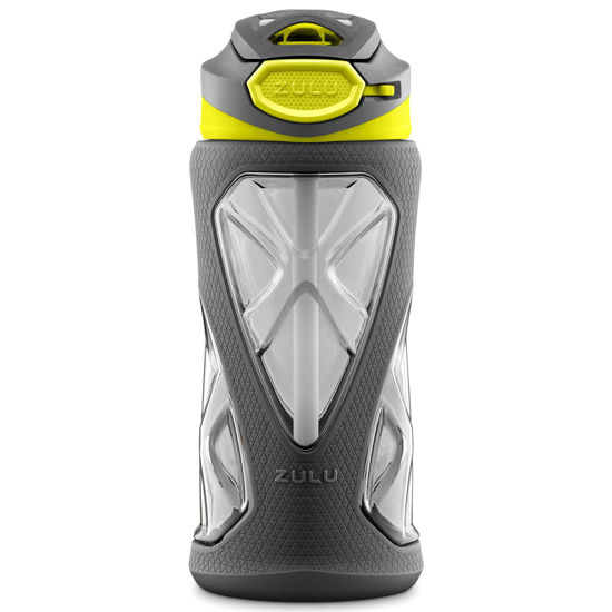 Picture of Zulu Torque 16oz Plastic Kids Water Bottle with Silicone Sleeve and Leak-Proof Locking Flip Lid and Carry Loop for School Backpack, Lunchbox, Outdoor Sports, BPA-Free Dishwasher Safe, Grey/ Green