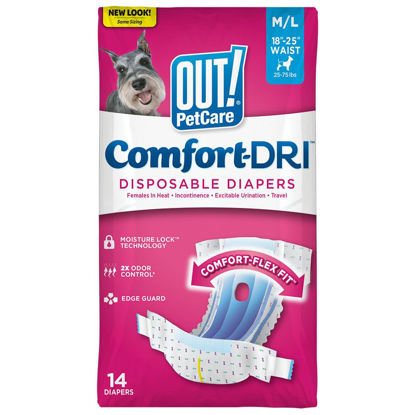 Picture of OUT! Petcare Disposable Dog Diapers for Female Dogs, Dog Heat Diapers, Female Dog Period Pads, Female Doggy Diaper for Peeing, Pet Diapers for Small Pets,18”-25” Waist, Medium/Large - 14 Count