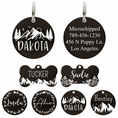 Picture of Ultra Joys Stainless Steel Pet ID Tag Dog Name Tags Personalized Front and Back Engraving, Customized Dog Tags and Cat Tags, Optional Engraved on Both Sides, Round Tag w/Mountain on Top Design, Small