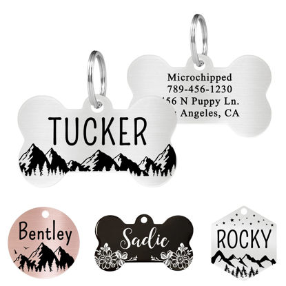 Picture of Ultra Joys Stainless Steel Pet ID Tag Dog Name Tags Personalized Front and Back Engraving, Customized Dog Tags and Cat Tags, Optional Engraved on Both Sides, Bone Tag Mountain Design, Silver Large