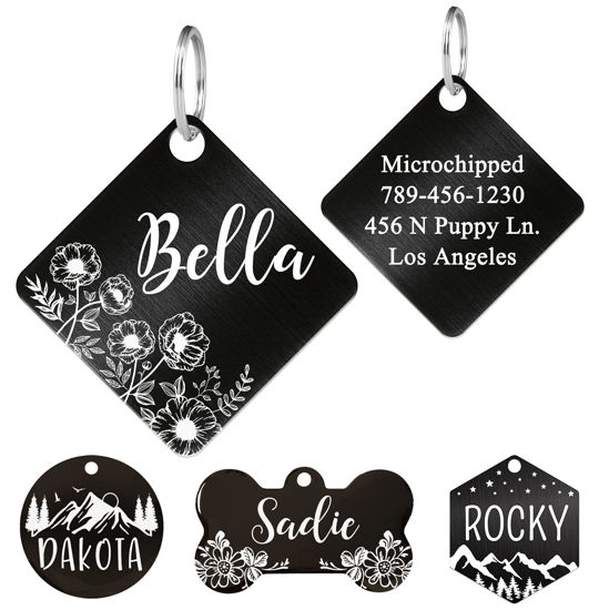 Picture of Ultra Joys Stainless Steel Pet ID Tag Dog Name Tags Personalized Front and Back Engraving, Customized Dog Tags and Cat Tags, Optional Engraved on Both Sides, Diamond Tag Flower Design Black Small