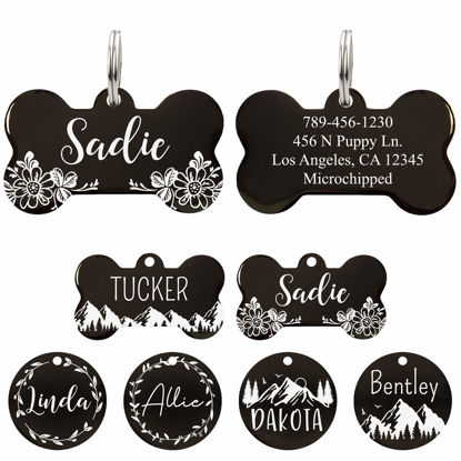 Picture of Ultra Joys Stainless Steel Pet ID Tag Dog Name Tags Personalized Front and Back Engraving, Customized Dog Tags and Cat Tags, Optional Engraved on Both Sides, Bone Tag with Floral Design, Small