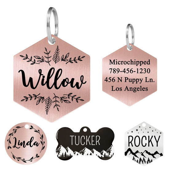 Picture of Ultra Joys Stainless Steel Pet ID Tag Dog Name Tags Personalized Front and Back Engraving, Customized Dog Tags and Cat Tags, Optional Engraved on Both Sides, Hexagon Tag Vine Design, Rose Large