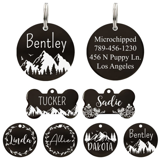 Picture of Ultra Joys Stainless Steel Pet ID Tag Dog Name Tags Personalized Front & Back Engraving, Customized Dog Tags and Cat Tags, Optional Engraved on Both Sides, Round Tag Mountain on Bottom Design Small