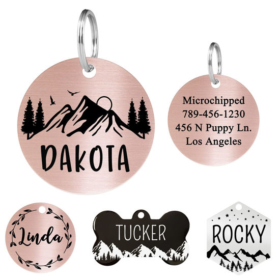 Picture of Ultra Joys Stainless Steel Pet ID Tag Dog Name Tags Personalized Front and Back Engraving, Customized Dog Tags and Cat Tags, Optional Engraved on Both Sides, Round Mountain on Top, Rose Small