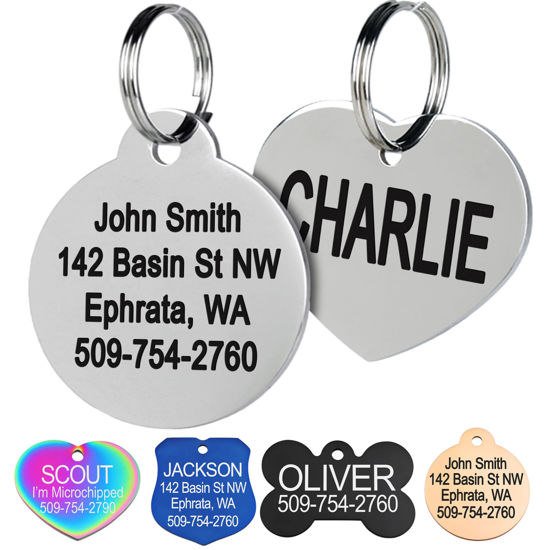 Picture of GoTags Stainless Steel Pet ID Tags, Personalized Dog Tags and Cat Tags, up to 8 Lines of Custom Text, Engraved on Both Sides, in Bone, Round, Heart, Bow Tie and More