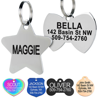 Picture of GoTags Stainless Steel Pet ID Tags, Personalized Dog Tags and Cat Tags, up to 8 Lines of Custom Text, Engraved on Both Sides, in Bone, Round, Heart, BowTie and More (Star, Regular (Pack of 1))