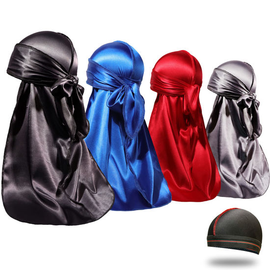 Picture of 4PCS Silky Durags for Men Women 360 Waves with 1 Wave Cap, Silky Satin Durag Extra Long Tails