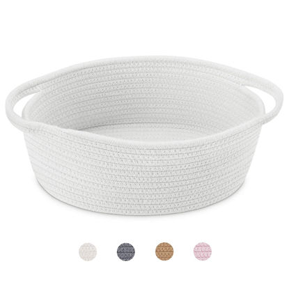 Picture of ABenkle Cute Small Woven Basket with Handles, 12"x 8" x 5" Rope Room Shelf Storage Basket Chest Box for Cat and Dog Toys, Empty Decorative Gift - White