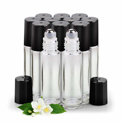 Picture of sungwoo 12 Pack Essential Oil Roller Bottles, 10ml Clear Glass Roller Bottles with Stainless Steel Roller Balls and Caps for Travel, Perfume and Lip Gloss