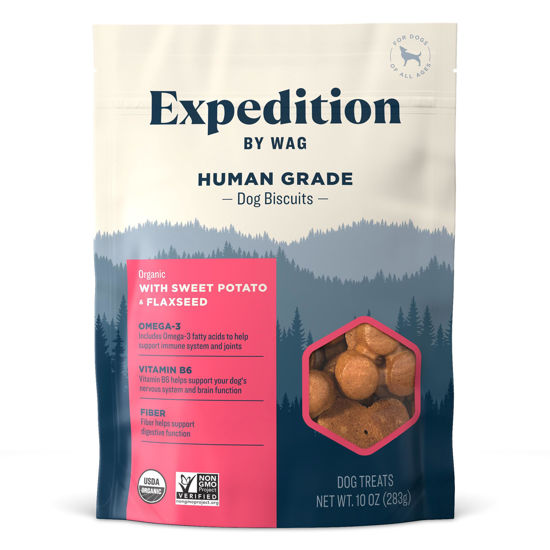 Picture of Amazon Brand - Wag Expedition Human Grade Organic Biscuits Dog Treats, Non-GMO, Sweet Potato & Flaxseed, 10oz