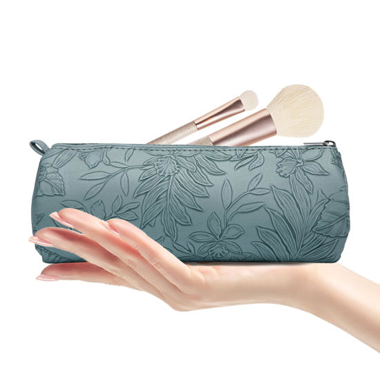 Picture of PU Leather Cosmetic Bag for Women - Floral Makeup Bag Portable Storage Purse for Makeup Brushes Z-Blue-Case