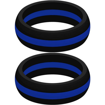 Picture of Set of Two (2) Thin Blue Line Silicone Rings Size 9 - Engagement Wedding Replacement Band for Active and Workout Lifestyles - Police Law Enforcement Ring