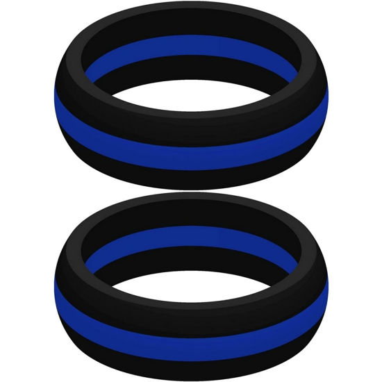 Picture of Set of Two (2) Thin Blue Line Silicone Rings Size 9 - Engagement Wedding Replacement Band for Active and Workout Lifestyles - Police Law Enforcement Ring