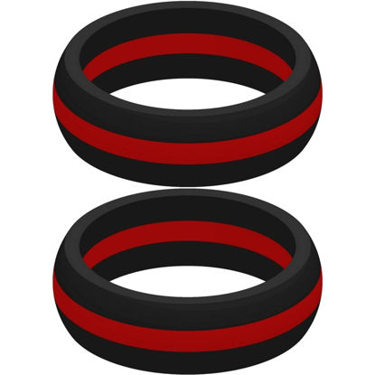 Picture of Set of Two (2) Thin Red Line Silicone Rings Size 7 - Engagement Wedding Replacement Band for Active and Workout Lifestyles - fire Fighter Support