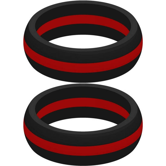 Picture of Set of Two (2) Thin Red Line Silicone Rings Size 7 - Engagement Wedding Replacement Band for Active and Workout Lifestyles - fire Fighter Support