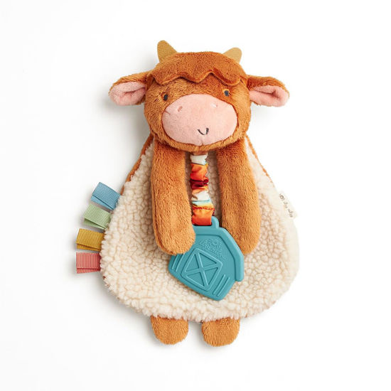 Picture of Itzy Ritzy - Itzy Lovey Including Teether - Baby Lovey with Teether, Textured Ribbons & Dangle Arms - Features Crinkle Sound, Sherpa Fabric and Minky Plush (Highland Cow)