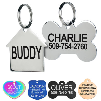 Picture of GoTags Stainless Steel Pet ID Tags, Personalized Dog Tags and Cat Tags, up to 8 Lines of Custom Text, Engraved on Both Sides, in Bone, Round, Heart, BowTie and More (House, Regular (Pack of 1))