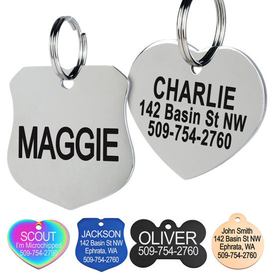 Picture of GoTags Stainless Steel Pet ID Tags, Personalized Dog Tags and Cat Tags, up to 8 Lines of Custom Text, Engraved on Both Sides, in Bone, Round, Heart, Bowtie and More (Ranger Badge, Small (Pack of 1))