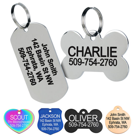 Picture of GoTags Stainless Steel Pet ID Tags, Personalized Dog Tags and Cat Tags, up to 8 Lines of Custom Text, Engraved on Both Sides, in Bone, Round, Heart, Bowtie and More (Rectangle, Small (Pack of 1))