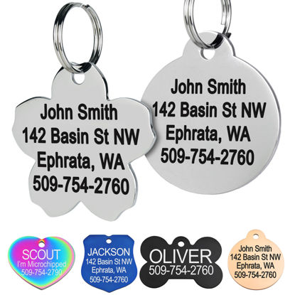 Picture of GoTags Stainless Steel Pet ID Tags, Personalized Dog Tags and Cat Tags, up to 8 Lines of Custom Text, Engraved on Both Sides, in Bone, Round, Heart, BowTie and More (Flower, Small (Pack of 1))