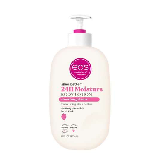 Picture of eos Shea Better Body Lotion- Strawberry Dream, 24-Hour Moisture Skin Care, Lightweight & Non-Greasy, Made with Natural Shea, Vegan, 16 fl oz