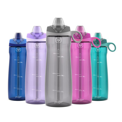 Picture of Pogo BPA-Free Tritan Plastic Water Bottle with Soft Straw, 32 Oz, Grey