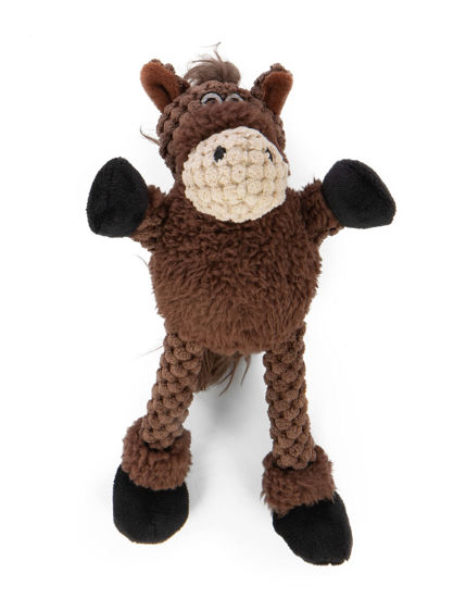 Picture of goDog Checkers Just for Me Skinny Horse Squeaky Plush Dog Toy, Chew Guard Technology - Brown, Mini