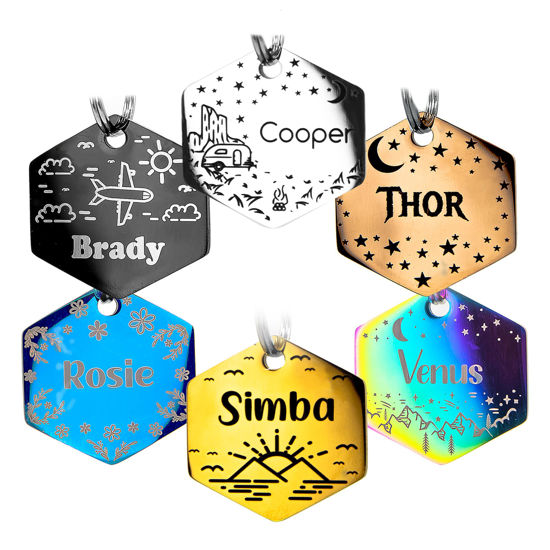 Picture of Personalized Dog Tag with 5 Lines of Custom Deep Engraved Durable Stainless Steel Pet ID Name Tag Designer Small Size Hexagon