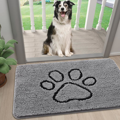 Picture of Smiry Dog Door Mat for Muddy Paws, Absorbent Dirt Trapper Non-Slip Washable Mat, Quick Dry Chenille, Mud Mat for Dogs, Entry Indoor Door Mat for Inside Floor (24x16 Inches, Grey)