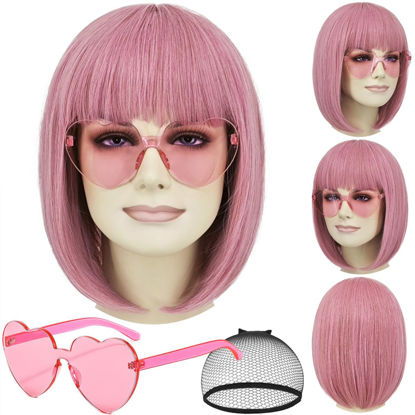 Picture of shecool Pink Bob Wig for Women with Glasses Short Pink Wig with Bangs Natural Cute Synthetic Wig with Wig Cap for Party Halloween SL032PK