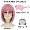 Picture of shecool Pink Bob Wig for Women with Glasses Short Pink Wig with Bangs Natural Cute Synthetic Wig with Wig Cap for Party Halloween SL032PK