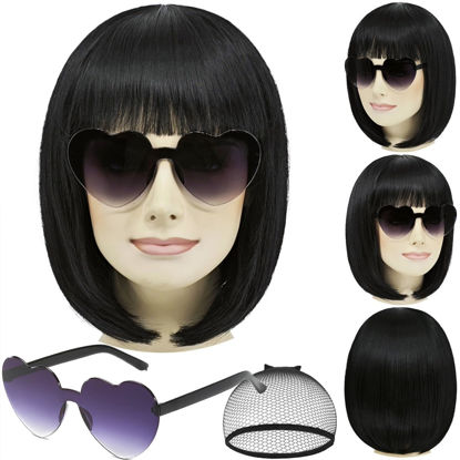 Picture of shecool Black Bob Wig for Women with Glasses Short Black Wig with Bangs Natural Cute Synthetic Wig with Wig Cap for Party Halloween SL032BK