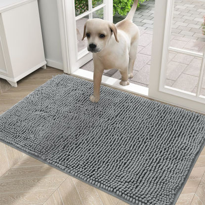 Picture of OLANLY Dog Door Mat for Muddy Paws 30x20, Absorbs Moisture and Dirt, Absorbent Non-Slip Washable Mat, Quick Dry Chenille, Mud Mat for Dogs, Entry Indoor Door Mat for Inside Floor, Grey