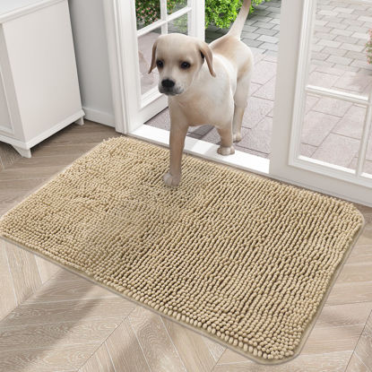 Picture of OLANLY Dog Door Mat for Muddy Paws 24x16, Absorbs Moisture and Dirt, Absorbent Non-Slip Washable Mat, Quick Dry Chenille, Mud Mat for Dogs, Entry Indoor Door Mat for Inside Floor, Beige