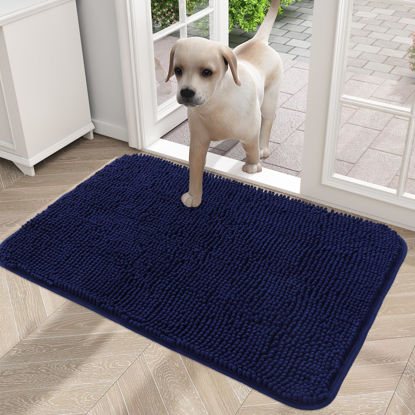 Picture of OLANLY Dog Door Mat for Muddy Paws 24x16, Absorbs Moisture and Dirt, Absorbent Non-Slip Washable Mat, Quick Dry Chenille, Mud Mat for Dogs, Entry Indoor Door Mat for Inside Floor, Navy Blue