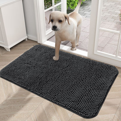 Picture of OLANLY Dog Door Mat for Muddy Paws 24x16, Absorbs Moisture and Dirt, Absorbent Non-Slip Washable Mat, Quick Dry Chenille, Mud Mat for Dogs, Entry Indoor Door Mat for Inside Floor, Dark Grey