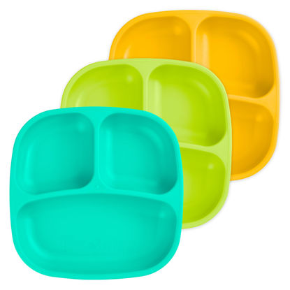 Picture of Re-Play Made in USA 7" Deep Walled Divided Plates for Kids, Set of 3 Without Lid - Reusable 3 Compartment Plates, Dishwasher and Microwave Safe - 7.37" x 7.37" x 1.25", Spring