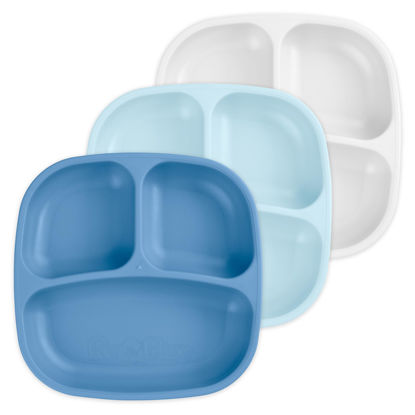 Picture of Re Play 7" Divided Toddler 3 Pack Plates with Deep Sides and Three Compartments for Easy Self Feeding | BPA Free | Dishwasher Safe | Cool Blue